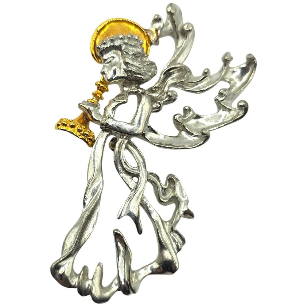 Vintage Angel Trumpet Brooch Pin Silver & Gold Tone Religious Jewelry Signed